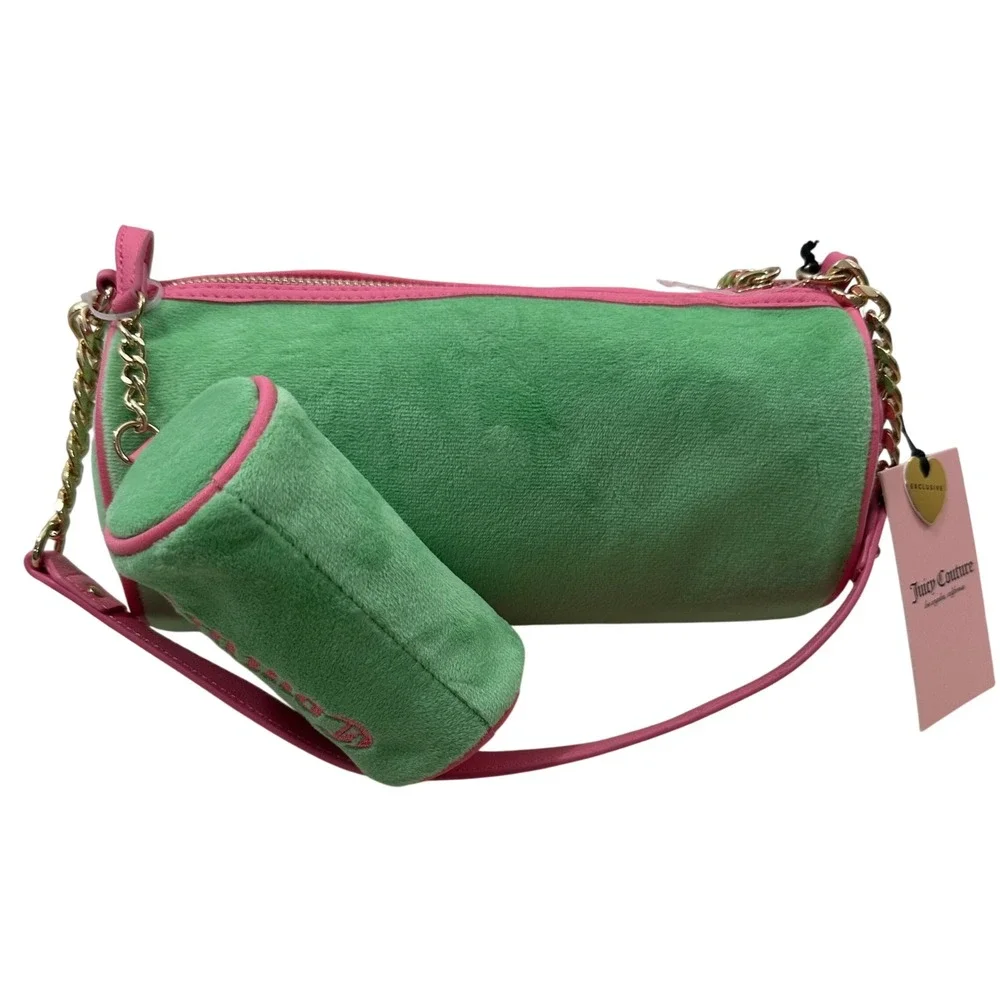 Juicy Couture Retro Green Pink Velour Scottie Dogs Barrel Satchel Bag NWT